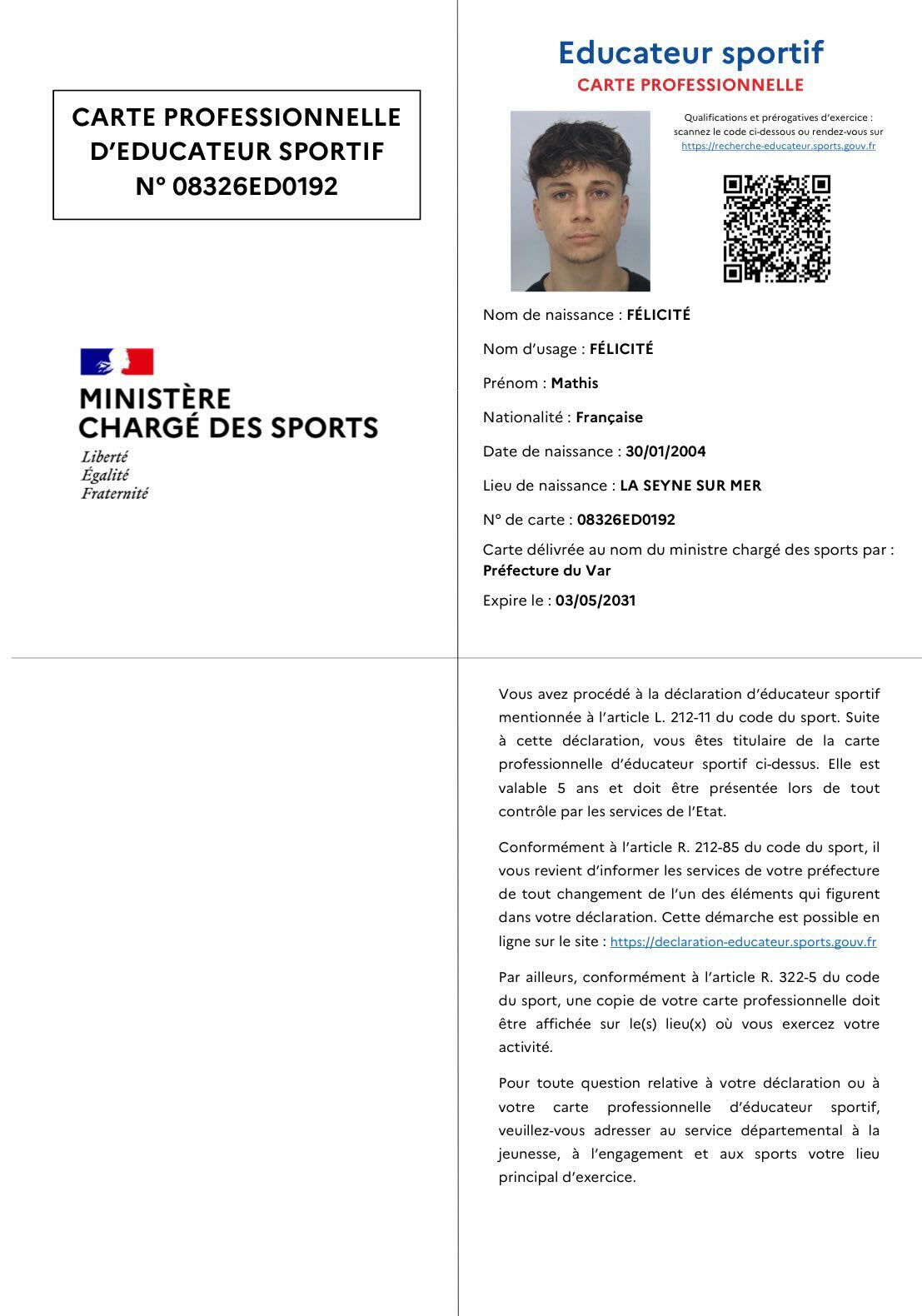 Carte Professionnelle d'Éducateur Sportif – Mathis Félicité
